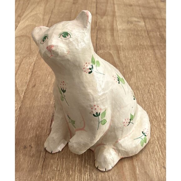 Vintage Paper Mache Hand Painted Cat Shafford Ivory Pink Floral Cottage Girly - Picture 1 of 5